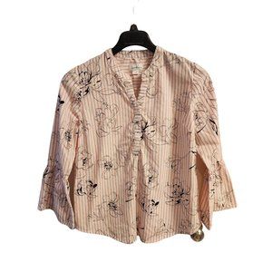 Jaclyn Smith Bell Sleeve Top Blouse Size L V Neck Stripe Black Flowers EUC